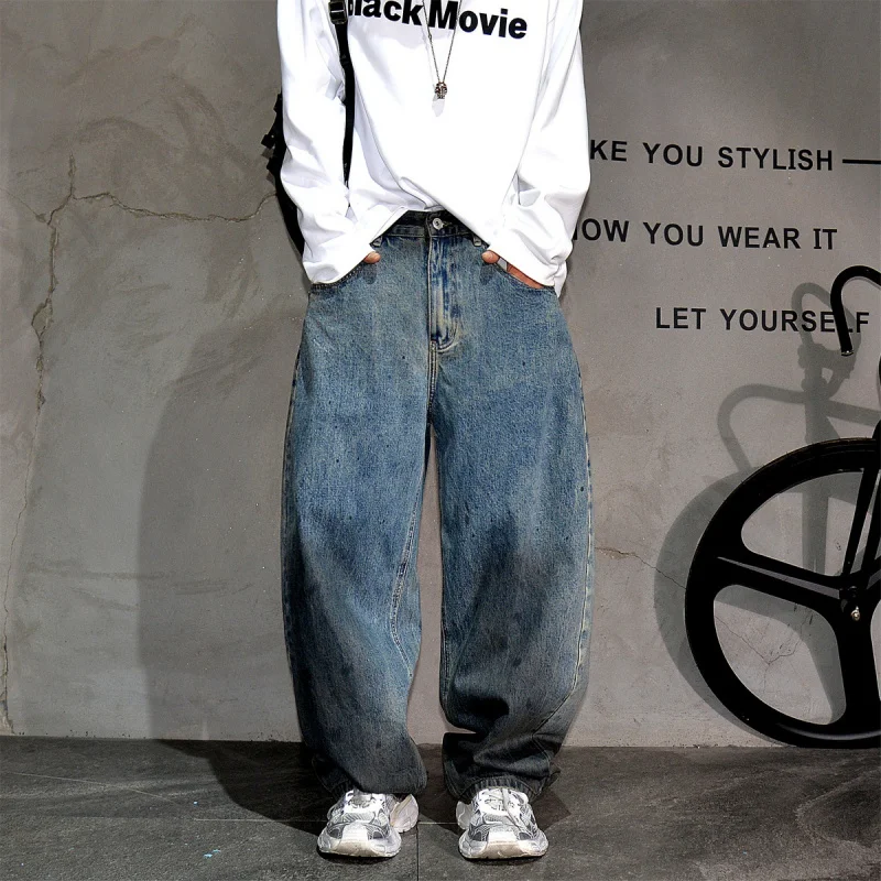 

American Vibe Washed Distressed Blue Wide Leg Jeans Men Streetwear Loose Casual Curved Denim Pants