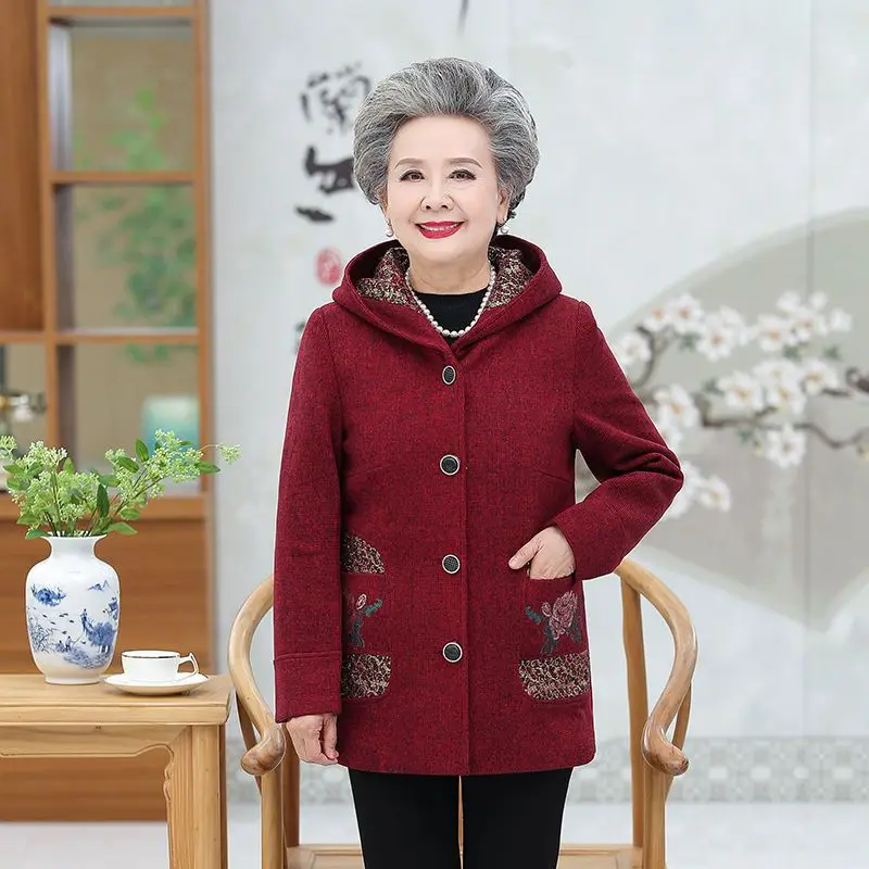 In the elderly female grandmother autumn clothing woolen hooded jacket elderly 60-70-80 year old mother woolen top clothing