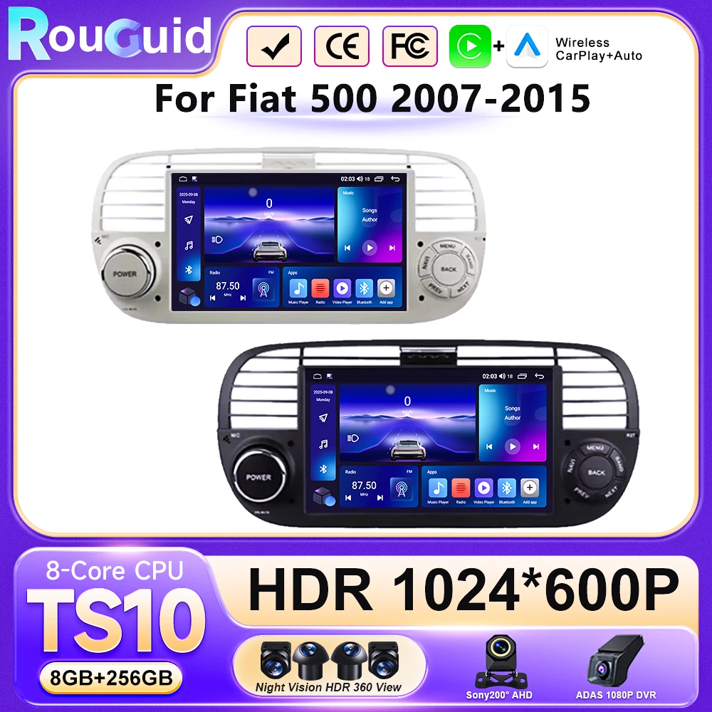 Android 16 For Fiat 500 Abarth 2007-2015 Car Radio Stereo Gps Navigation Steering Wheel Multimedia Carplay Auto Dvr Wifi Bt Adas