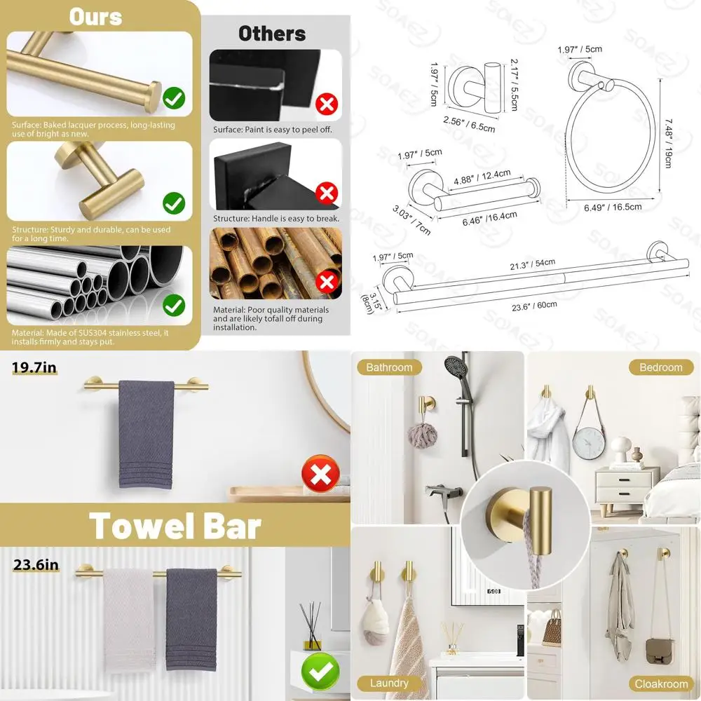 

10-Piece Brushed Gold Bathroom Accessory Set: Wall-Mounted Towel Bar, Rack, and Toilet Paper Holder in Stainless Steel, 23.6