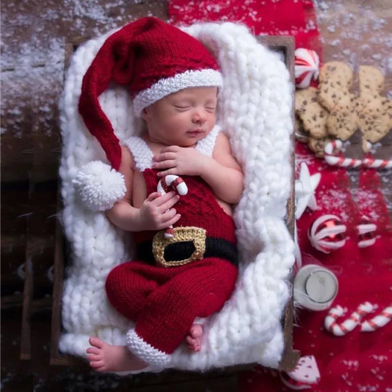 ❤Aksesori perlengkapan foto bayi, pakaian Natal topi rajut + Suspender 2 buah/set, aksesori kostum Santa Claus