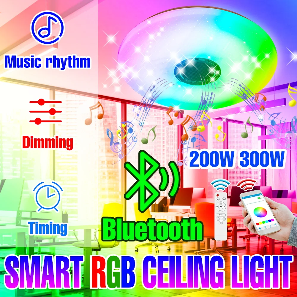 300W RGB Smart Ceiling Light Dimmable LED Chandelier With Speakers Music Lamp Bluetooth Connection APP Remote Control AC100-240V