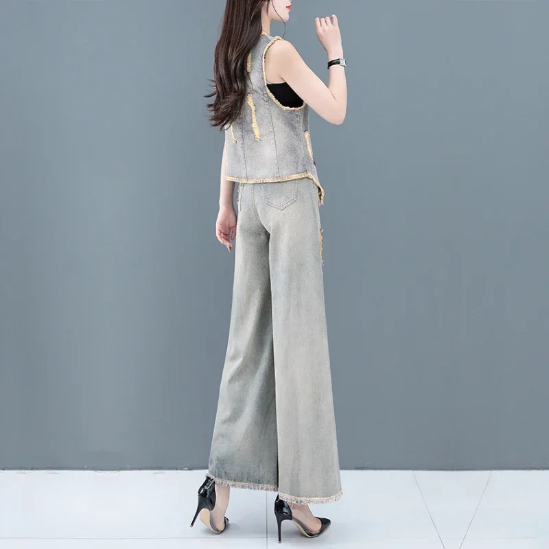 Conjuntos elegantes para mujer 2025, trajes de pantalón de 2 piezas para mujer, trajes de 2 piezas a la moda, camiseta sin mangas y trajes de pantalón de pierna ancha E5410