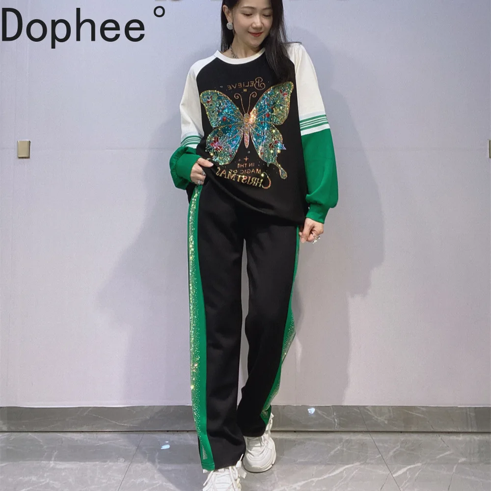 

New Autumn Long Sleeve Hoodies Sets Women Diamonds Butterfly Space Cotton Pullover Top + Elastic Waist Loose Straight Pants Suit