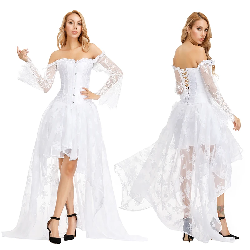 Gothic Corset Dress Plus Size Overbust Corset Dresses for Women Off the Shoulder Long Sleeve Wedding Dress Lace White Blue