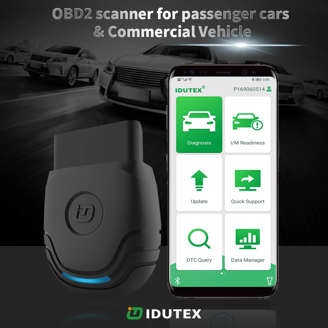 Idutex TPU-300 bluetooth obd2 scanner using with mobile diagnostic tools software with J1708 J1939 protocol