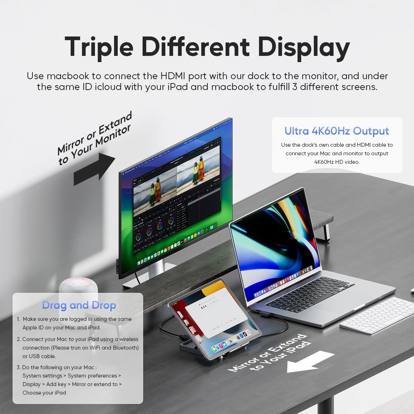 PULWTOP iPad USB C ハブ、4K HDMI 付き iPad ドック、PD 100W、M.2 NVMe SSD をサポート、iPad、MacBook、Windows 用の折りたたみ式スタンドベース