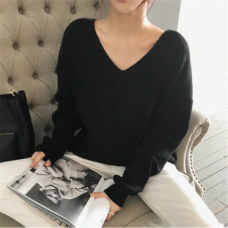2023 Autumn Korean V-Neck Loose Solid Sweater Spring Women Warm Thick Pullover Office Lady All Match Knitwear Bottoming Sweater
