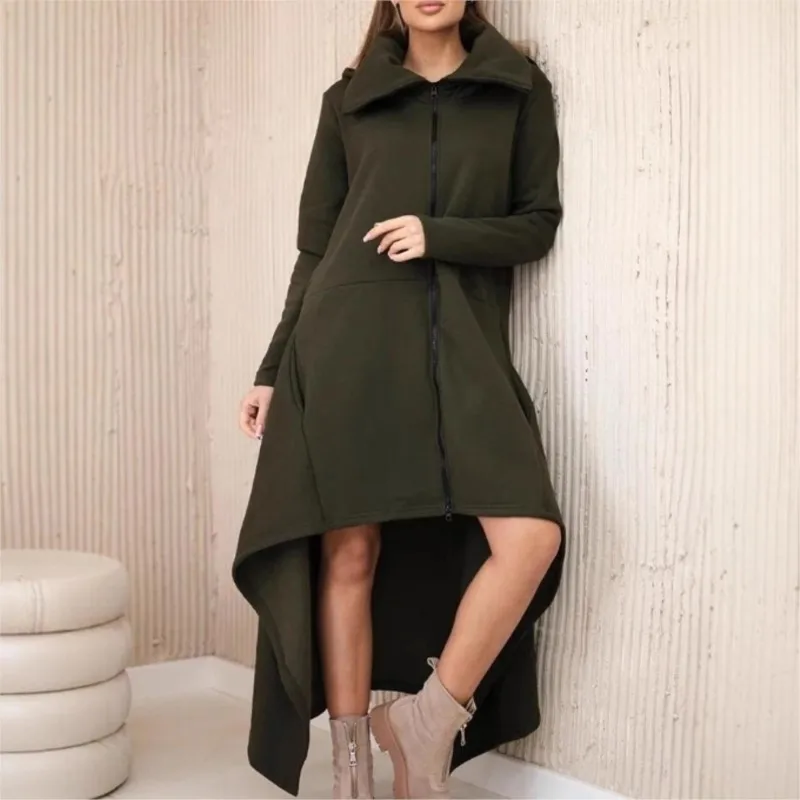Casual Basic Long Hooded Sweatshirt Autumn Winter Dress Coat Solid color Irregular Hooded Dress with Zipper for Women's Clothing