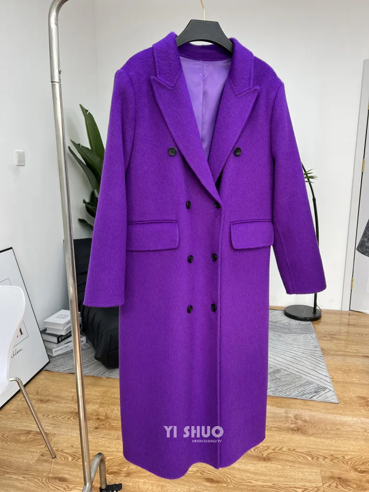 Otoño Invierno nuevo abrigo grueso de lana de doble cara mujer elegante cuello vuelto doble botonadura chaqueta de lana de longitud media Mujer