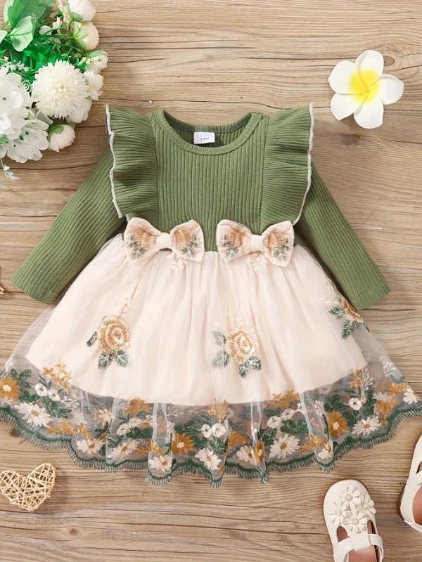 فستان محبوك على طراز الغابة للفتيات | بلوزة مضلعة باللون الأخضر الزيتوني مع تنورة من التول - فستان أميرة مزين بالزهور ثلاثي الأبعاد" #2