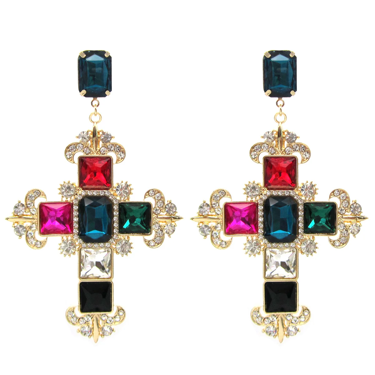 Boho Big Drop Cross Earrings For Women Crystal Glass Large Pendant Colorful Earrings Nieuw In Oorbellen Fine Jewelries