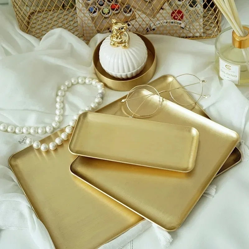 

Gold Brass Storage Tray Serving Platter Decorators Brushed Metal Tableware/Plate Jewelry/Cosmetics/Candy/Food Makeup