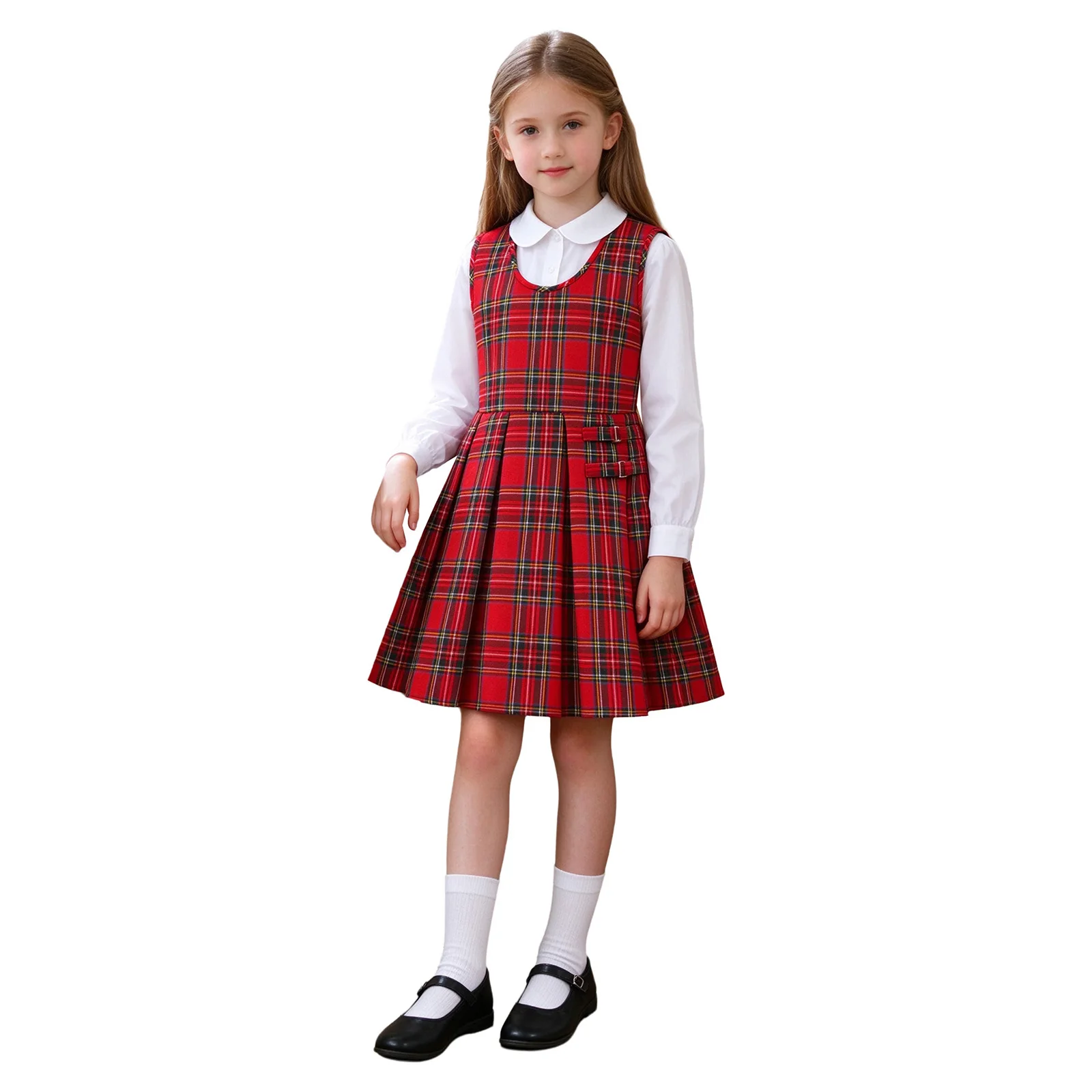 Kids Girls School Uniform Jumper Plaid Dress Sleeveless Side Invisible Zipper Knee Length Pleated Dresses Casual Classroom Wear