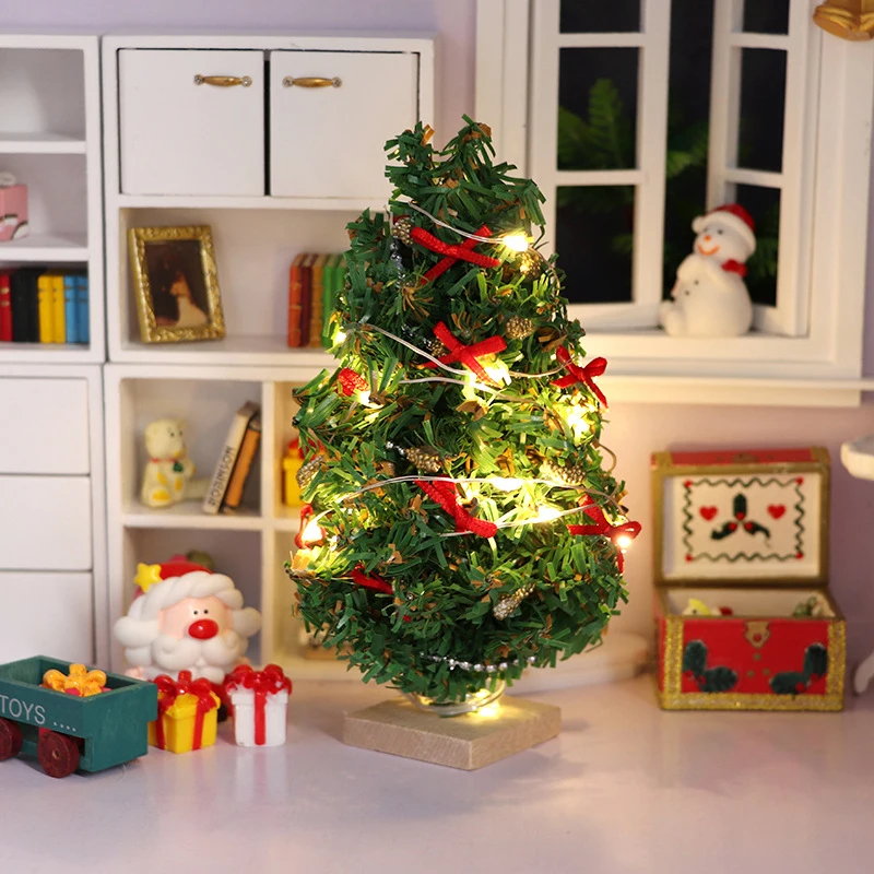 1:12 Dollhouse Christmas Microscene Cedar Decor Christmas Tree LED Xmas Tree Model Toy Doll Home Delicate Room Ornaments