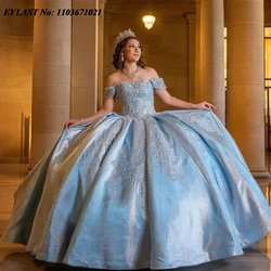 EVLAST Customized Blue Ball Gown Quinceanera Dress Shiny Lace Applique Beaded Mexican Corset Sweet 16 Vestidos De Anos SQ391