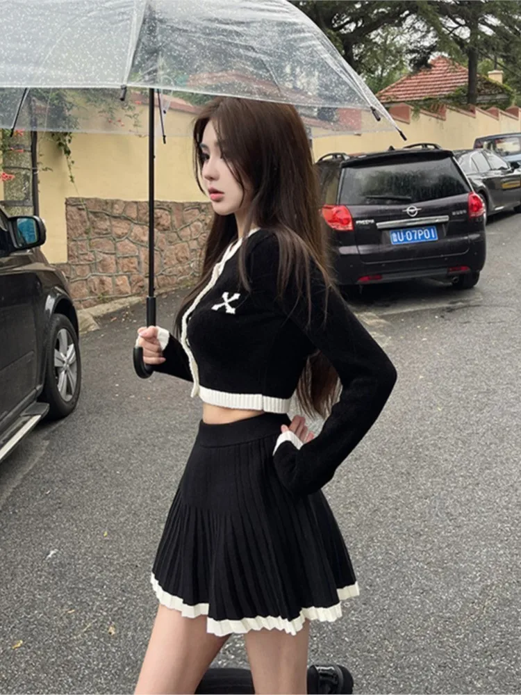 Autumn Hight Waist Skirt 2 Piece Suit Korean Chic Patchwork Knitted Outfits Y2k Short Jumper Pleats Mini Skirt Set Women New