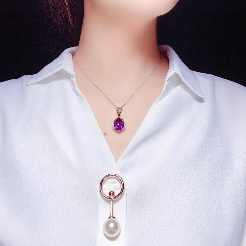 Korean-style fashion imitation droplet-shaped large purple crystal pendant 925 sterling silver necklace, a beautiful gift for wo