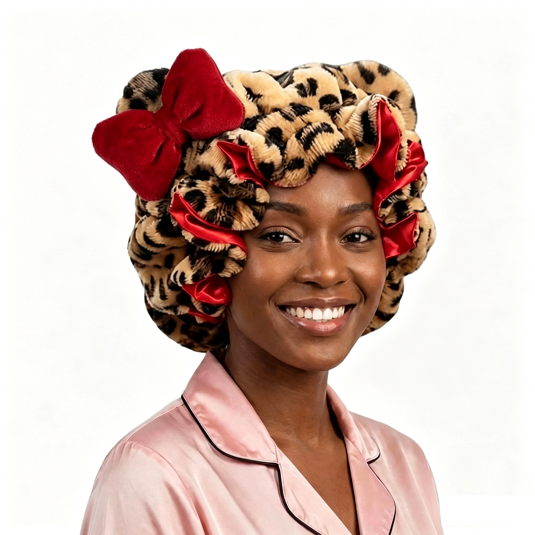 Leopardenmuster Teddy-Plüsch Haarbonnet mit Großer Schleife, Satin-gefütterte Weiche Flauschige Nachtschlafmütze, Verstellbare Bärenohren-Haarwickel – Detail 7