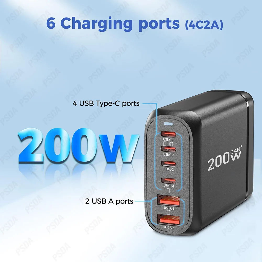 PSDA 2D 200W 6 Ports USB Type-C Fast Charger Fast Charging Multi-function Desk Charger Power Station For Smart Phone Tablet