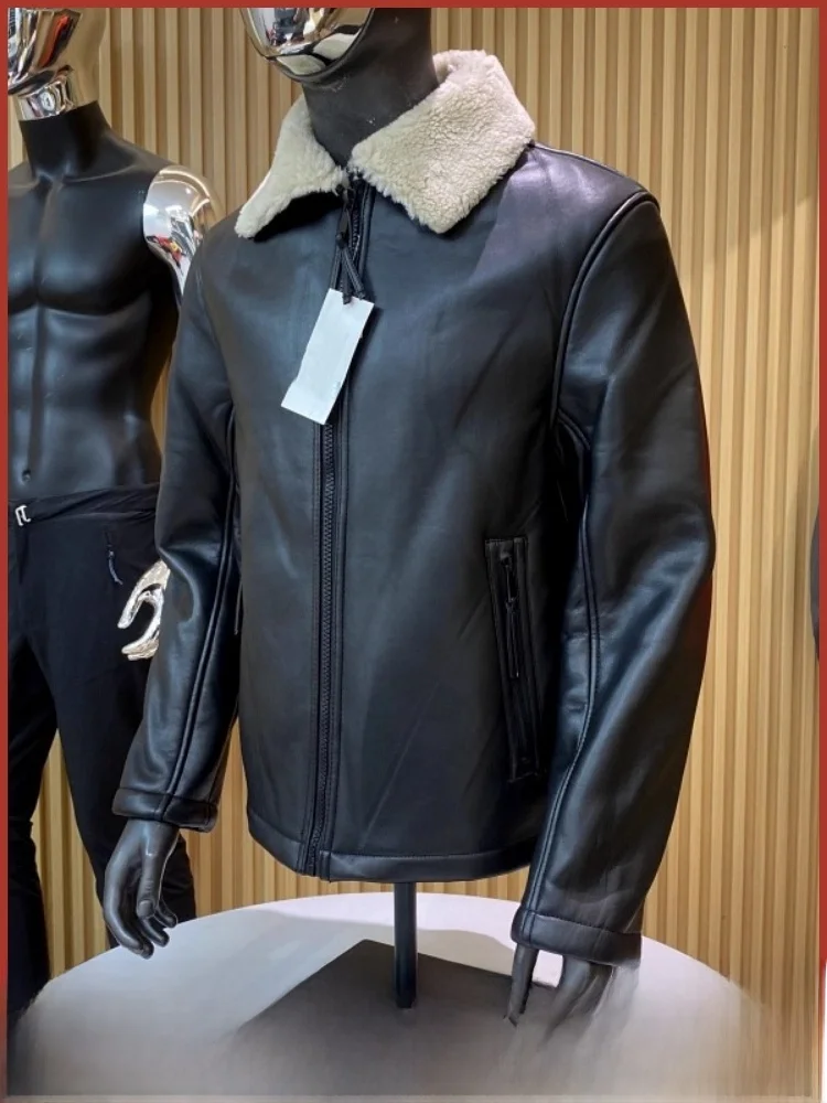 

Thiened Leather Jaet Men's Winter Warm Fce Lined PU Coat Youth Casual Sle Stand Fit Long Sve Zipper Closure