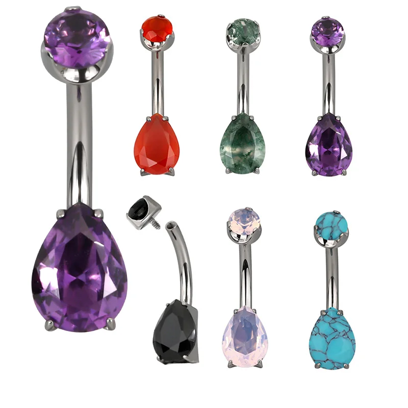 ASTM F136 Titanium PIERC Pear Shape Belly Button Ring Navel Ring CZ Paved Top Threaded Belly Piercing Navel Rings Body Jewelry