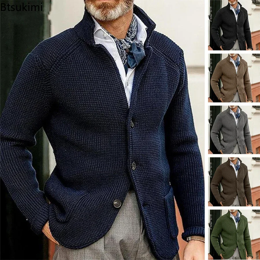 

2024 Men's Stand Collar Knitted Coat Long Sleeve SweaterThick Warm Cardigan Jacket Solid Casual Cardigan Knitting Sweatercoat