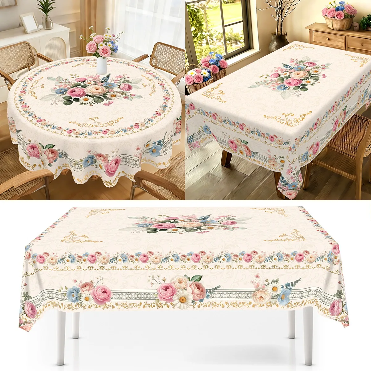 Pink Roses Table Cloth Colorful Floral Polyester Table Cover for Wedding Picnic Table Decor Spring Summer Hloiday Party Supplies