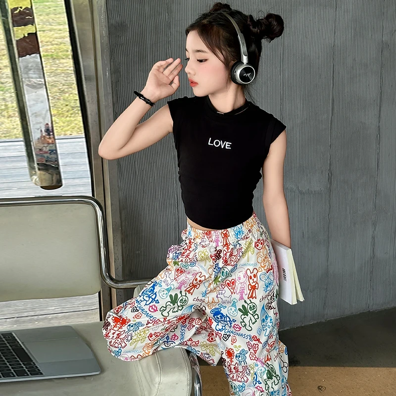 summer junior girls clothes sets cotton Hollowing out love Sleeveless top+Graffiti cargo pants 2pcs teen kids suit child outfits