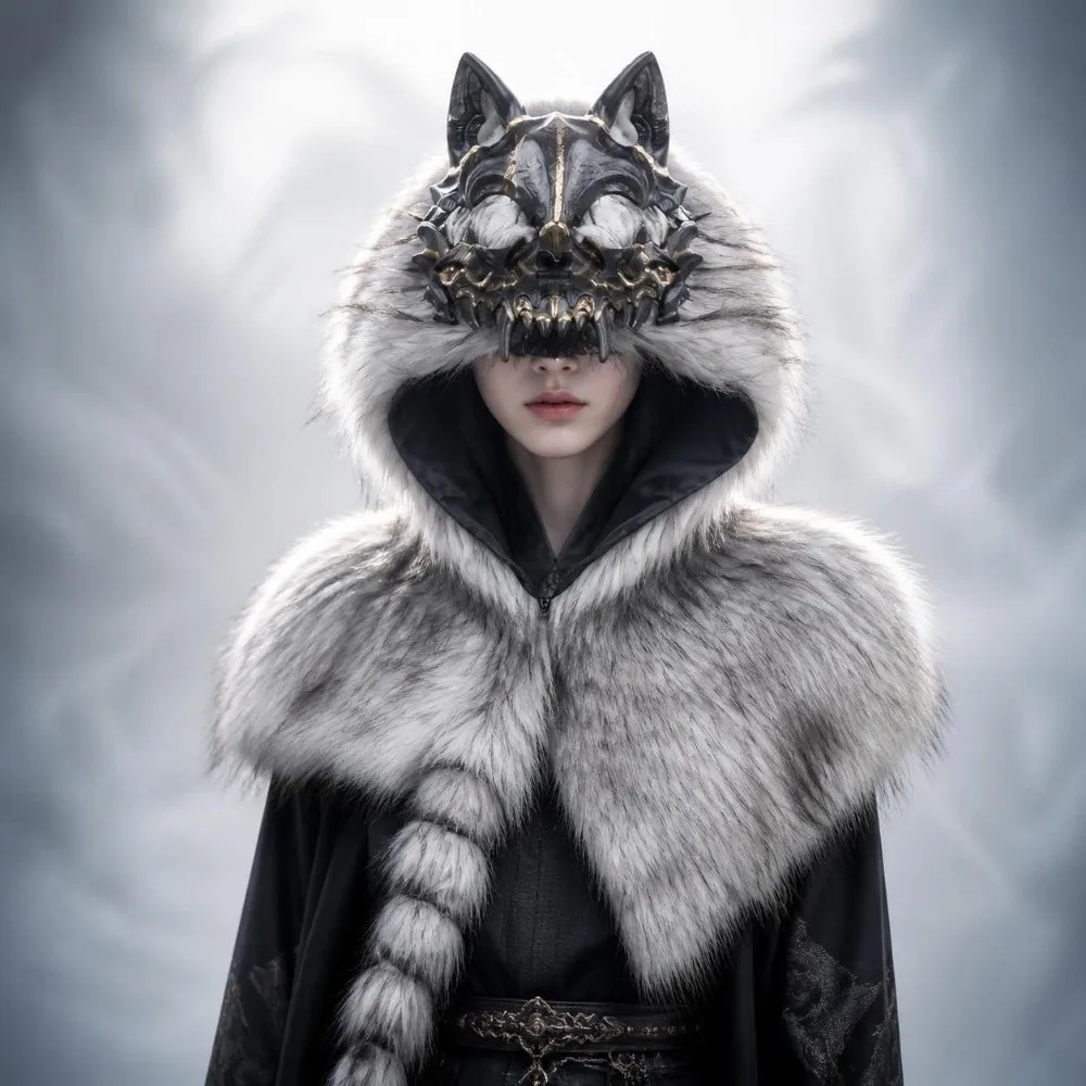 Dress Up Furry Wolf Skull Hood Viking Costume Vintage Shoulder Cloak Headdress Medieval Style Halloween Headgear Cosplay