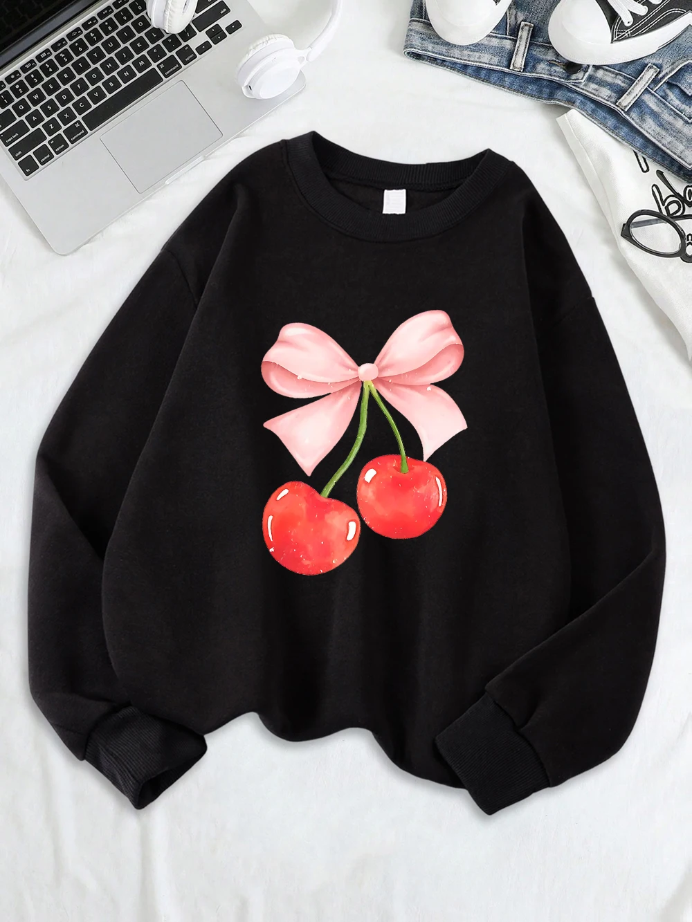 

Толстовки с розовым бантом и вишневым принтом, женские удобные толстовки, теплая одежда с круглым вырезом, зимняя мягкая женская спортивная одежда