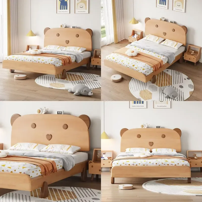Modern Nordic Solid Wood Kids Bed with Cute Bear Shaped Headboard High Quality Children Single Bed Frame for Girls Boys