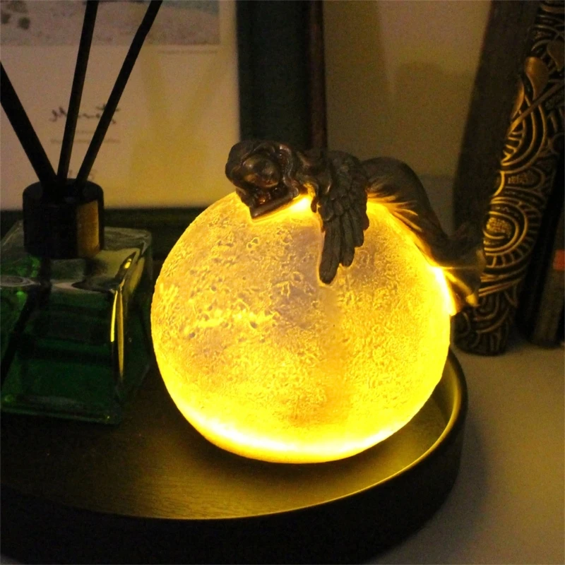 Elegant Angelic On Moon LED Night Light Resins Statue 3D Bedroom Desktop Decors Dropshipping