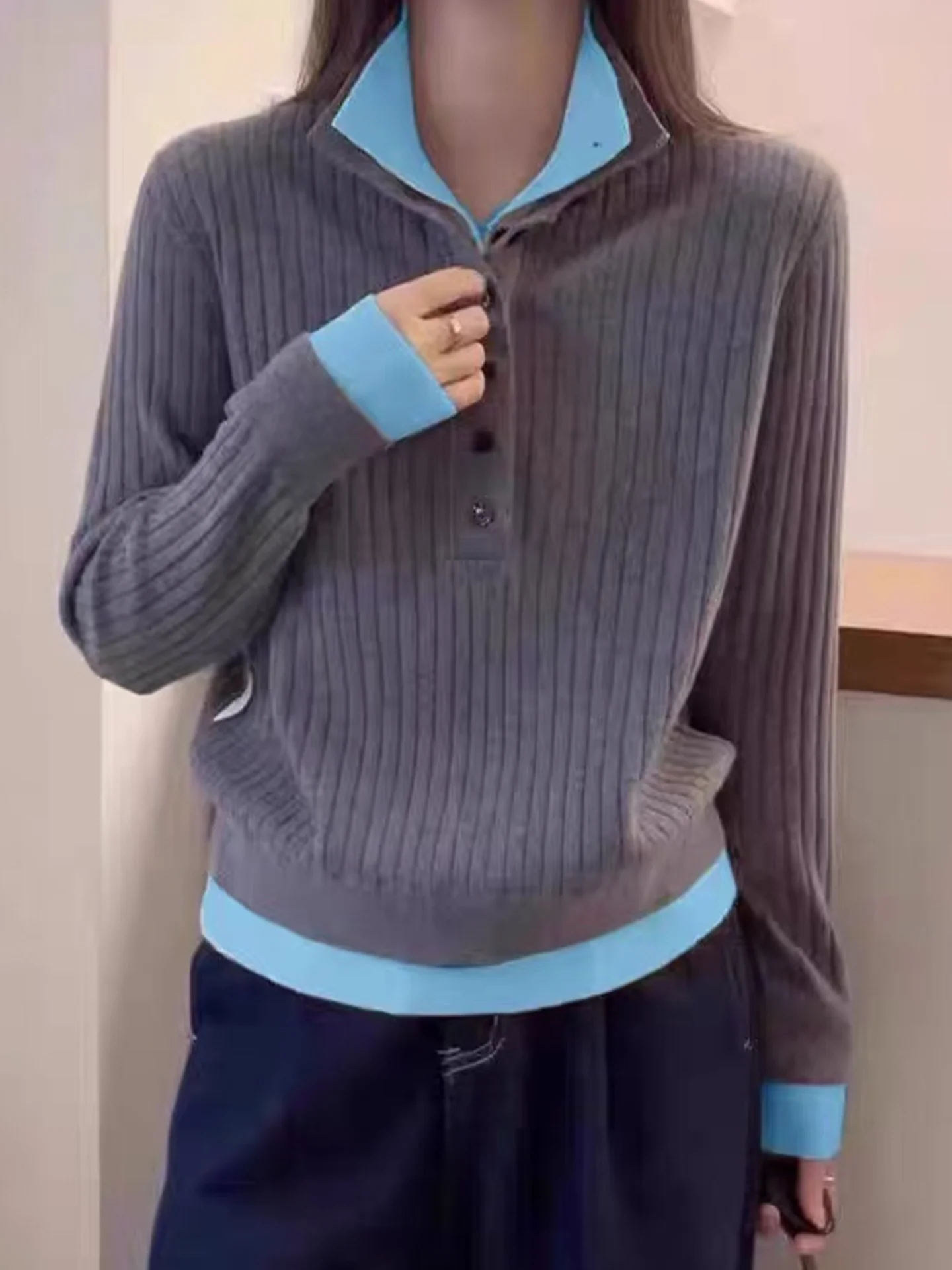 

Long Sve Camere Sweater Fake Two-Piece Design Color Blo Loose Fit Winter New Lazy Sle Commute Korean Version Straigh...