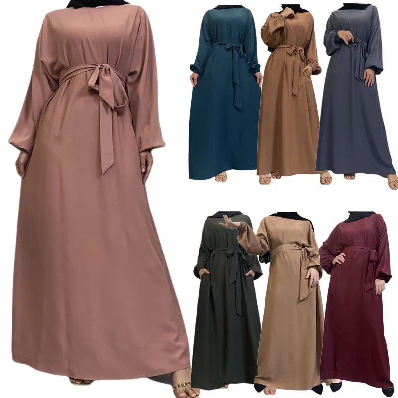 

Modest for Muslim Women Casual Abayas Prayer Longue Maxi Dress Dubai Turkey Arabic Robe Belted Ramadan Eid Kaftan Islam Jalabiya