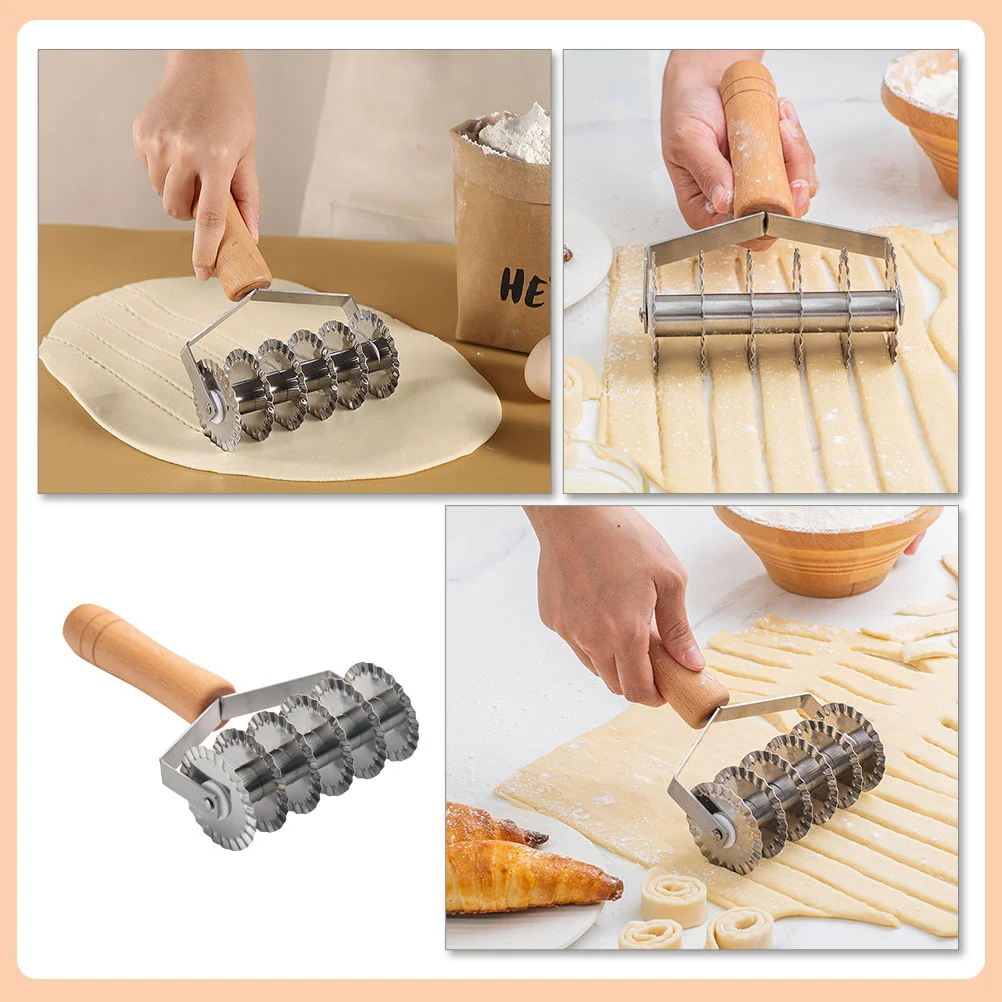 Stainless Steel Noodle Knife Beautiful Dough Slicer Practical Wood Handle Lattice Roller