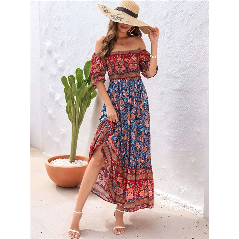 ABRT - Damska Sukienka Maxi na Lato 2025, Odkryte Ramiona, Boho, Kwiatowy Wzór, Warstwowa, Codzienna, Zwiewna, Długa
