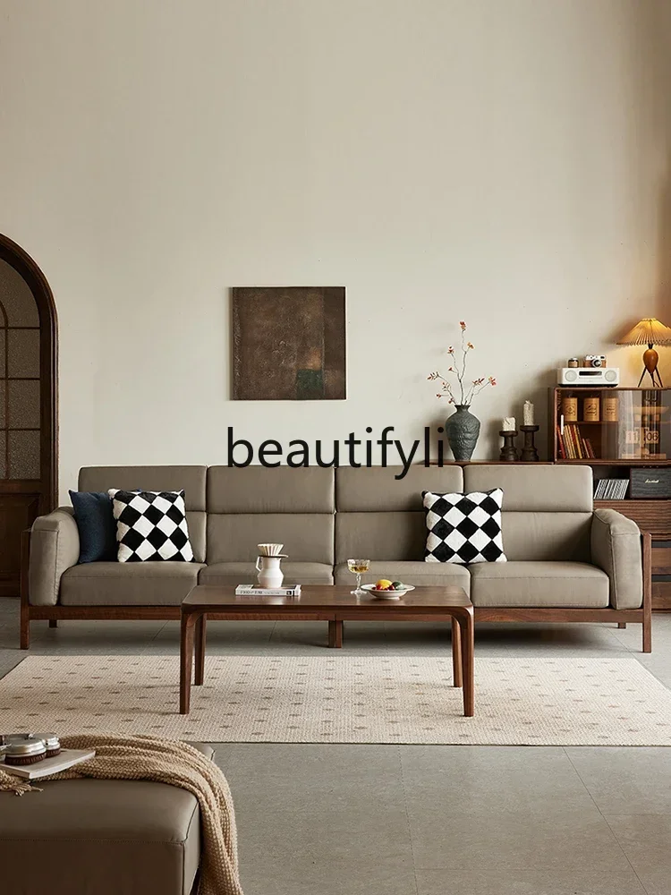 Cy56  North American black walnut sofa Nordic living room straight four-person solid wood leather sofa