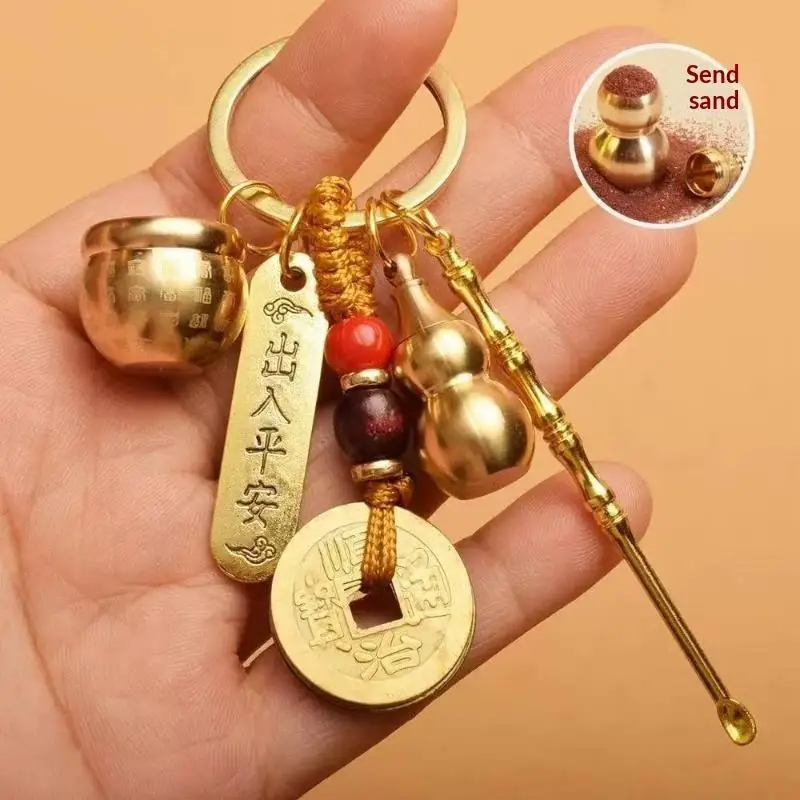 Chinesischer Stil Tierkreiszeichen Messing-Kürbis Fünf-Kaiser-Geld-Schlüsselanhänger Metall Fengshui Anhänger R-Tasche Schlüsselring Dekoration Geschenk Accessoire – Detail 1