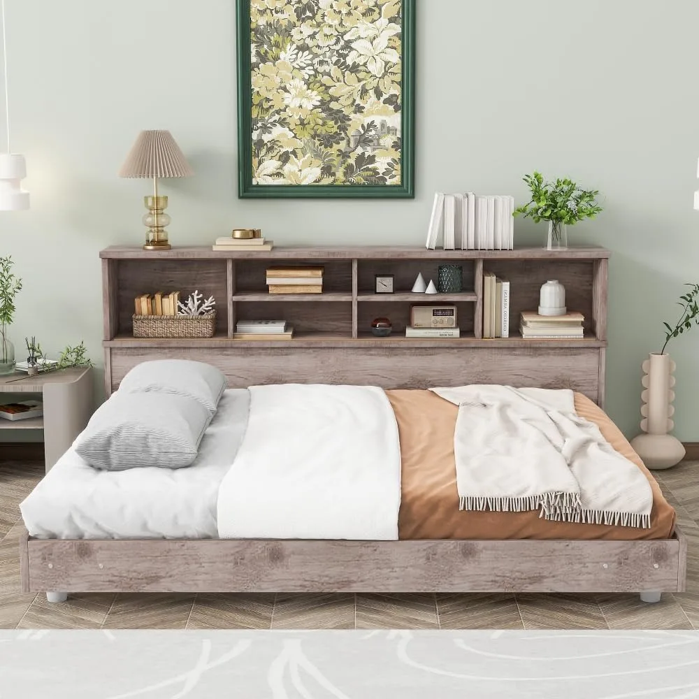 

Full Size Daybed Frame with Storage Bookcases，Bed with Double-layer Storage Shelf，wide Boards and Slats for Bed, Daybed Frame