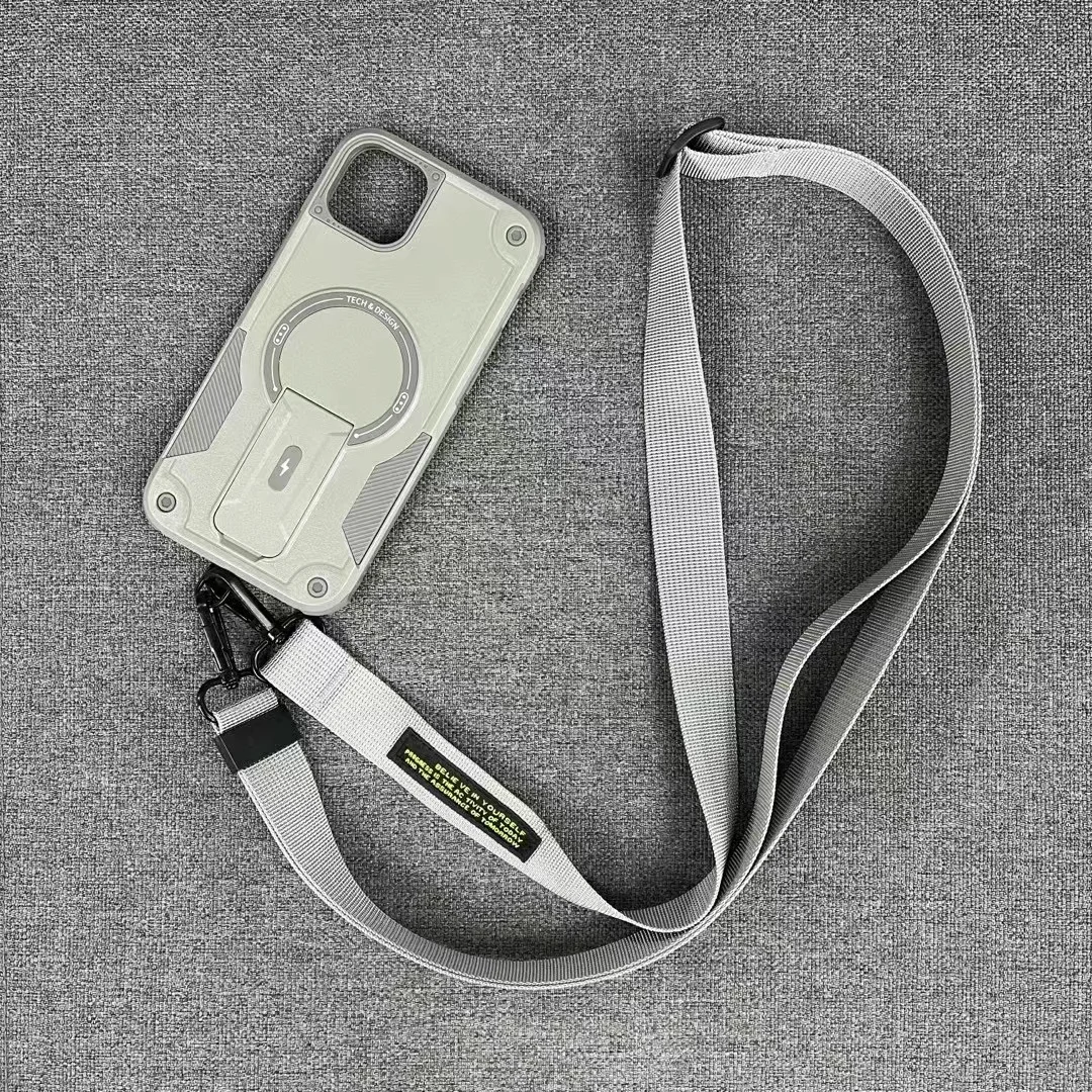 Long Strap Crossbody Magnetic Bracket Magsafe Case for iPhone 16 15 14 13 12 11 Pro Max Shockproof Outdoor Sports Defender Cover