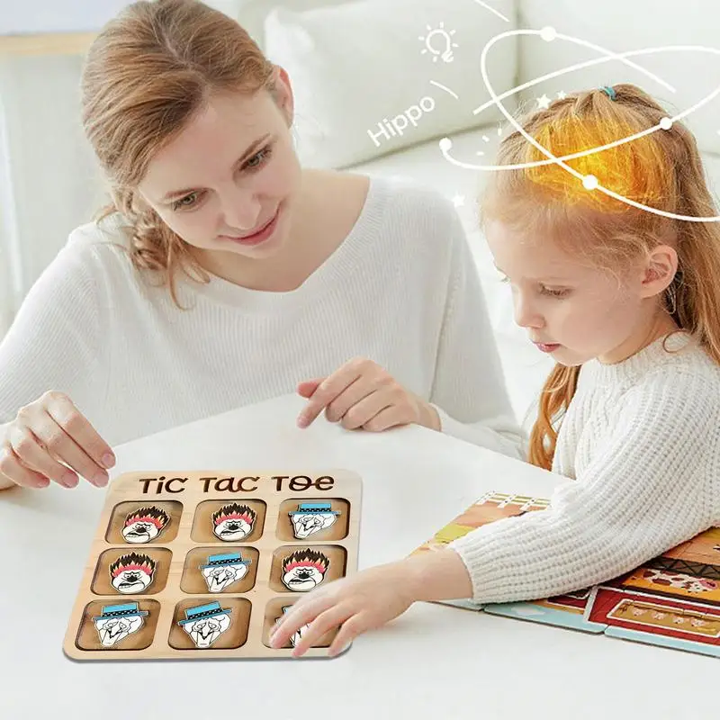 Puzzle Board Game Wooden Family Game Tic-Tac-Toe Fun Board Game Puzzle Game Classic Interactive Table Decor For Travel & Adults