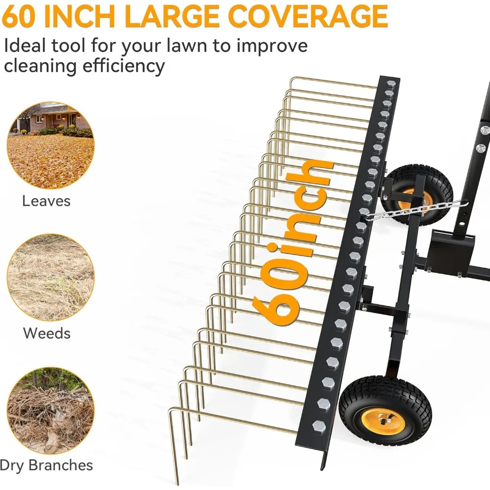 60 Pine Needle Rake Tow Behind, Lawn Tractor Straw Rake Fit for ATV, 24 Tines, Black&Gold