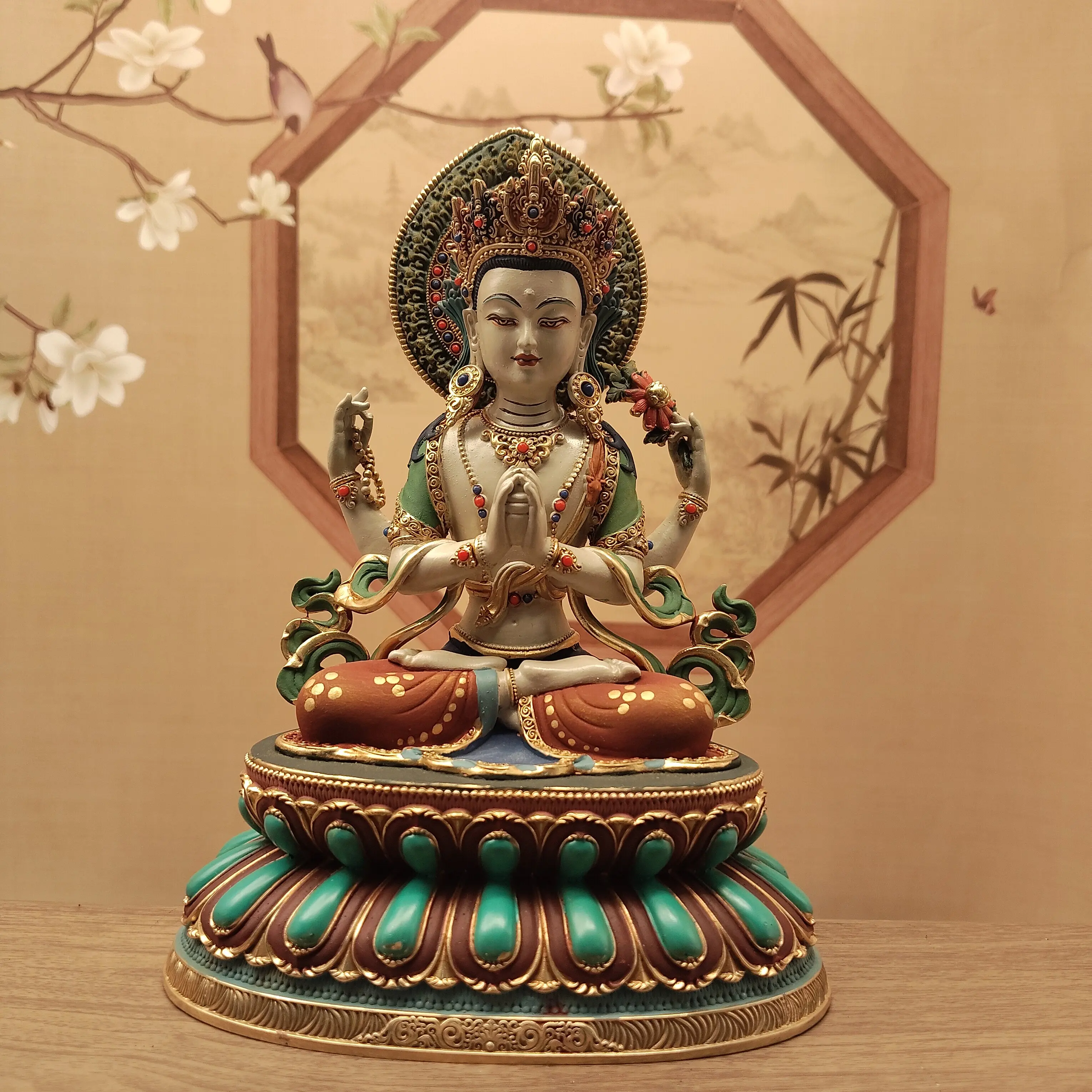 Tibetan Ethnic Full Painted Four-Armed Avalokiteshvara Statue 15cm Office Living Room Peace Blessing