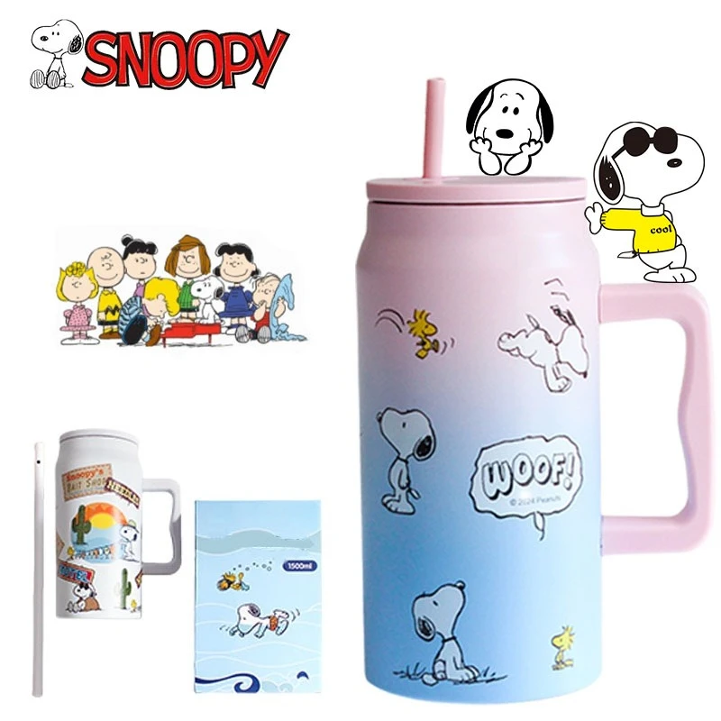 

Snoopy Stainless Steel Thermos Bottle with Handle Outdoor Large Capacity Insulated Cup 1500ml Portable Water Cup Birthday Gifts