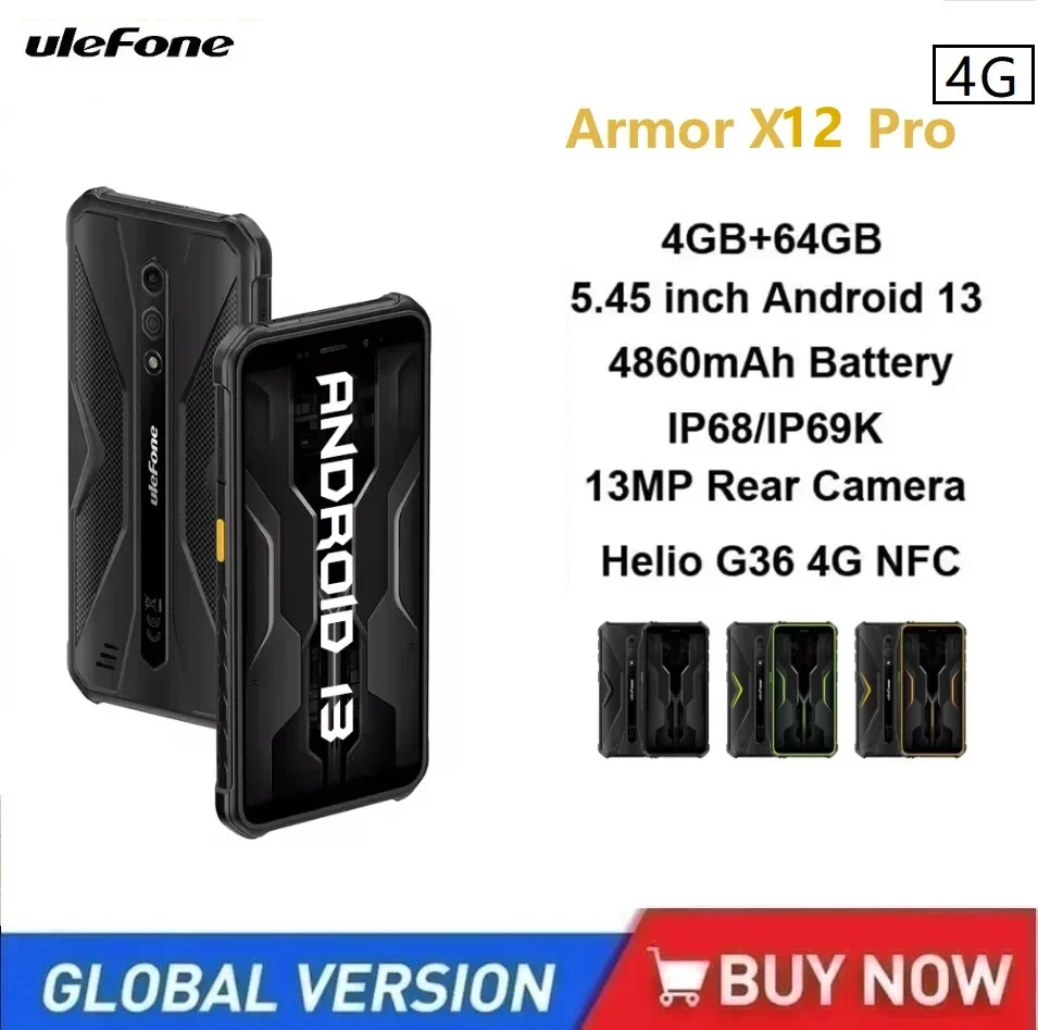 Ulefone Armor X12 Pro 4Gสมาร์ทโฟนที่ทนทานAndroid 13 Octa Core 5.45 นิ้ว 4GB + 64GB 4860MAh,โทรศัพท์มือถือ,10W,โทรศัพท์มือถือNFC