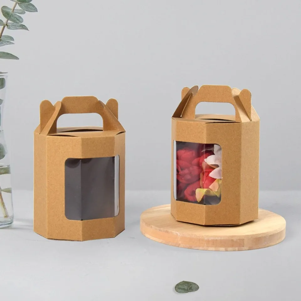 10/30/50 Stück Papier-Geschenkbox mit durchsichtigem Fenster, achteckige Kraft-Verpackungsbox mit Griff, Verpackungsbox für Geburtstagsparty-Festivals – Detail 2
