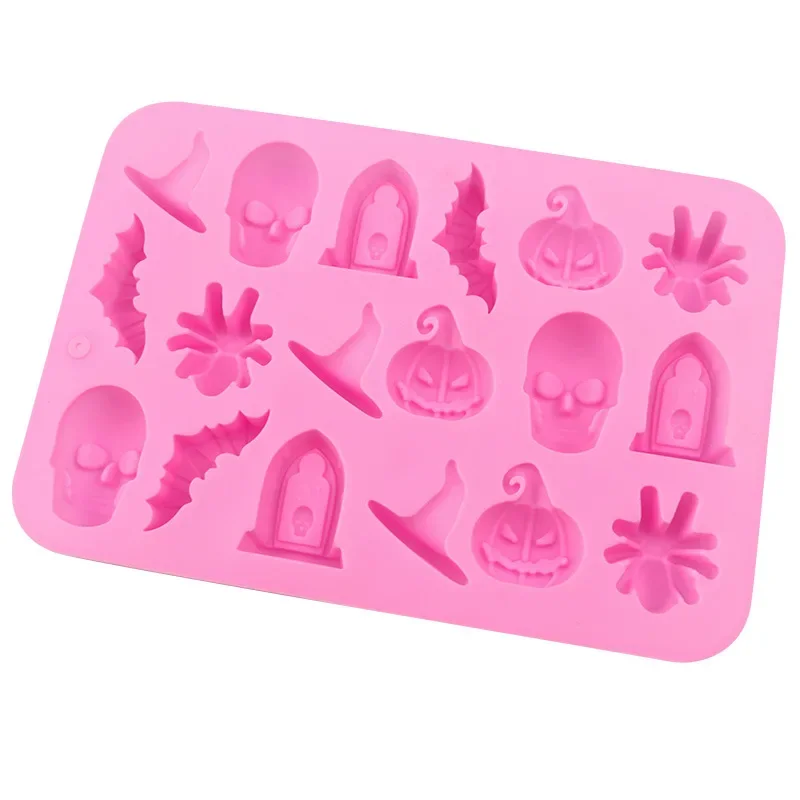 18 Cavities Halloween Scary Silicone Mold Hat Skull Tomb Bat Pumpkin Spider Chocolate Gummy Mould Cake Decoration Baking Mold
