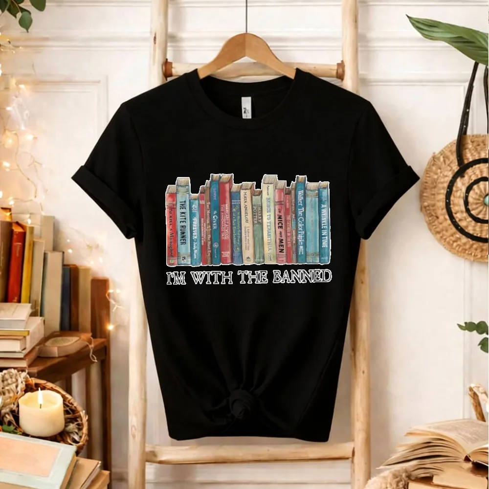Camisetas gráficas de manga corta de algodón de alta calidad para mujer, estilo retro, con diseño de gusano de libros y la frase 'I Am with The Banned Lovers', regalo para amantes de los libros.