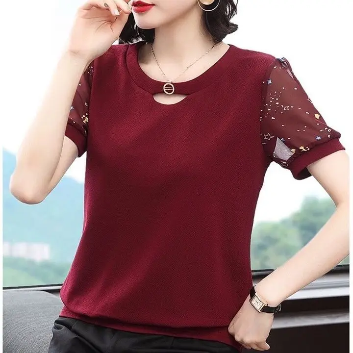 Printed Short-sleeved Chiffon Shirt Tops Summer New Large Size Women Belly-covering Middle-aged Stylish Small Shirt